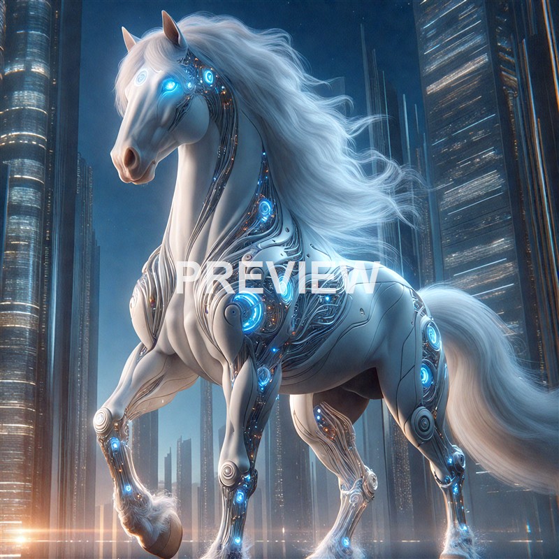 A futuristic, robotic horse with glowing blue accents and a sleek metallic body stands amidst a cityscape of tall, illuminated skyscrapers at night.